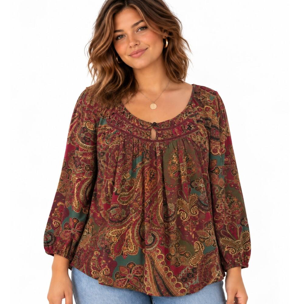 Lauren Ralph Lauren Paisley Top Womens Size 1X Fall Colors Boho Smocked Blouse